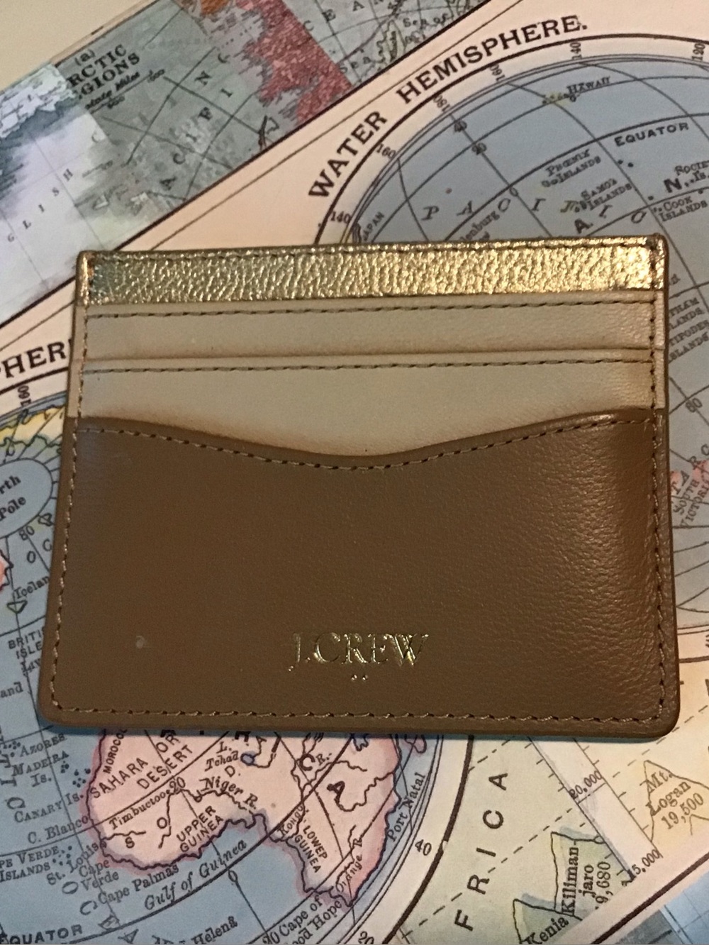 J. Crew Leather Seven Slot Card Case.  Brown, cream & gold.